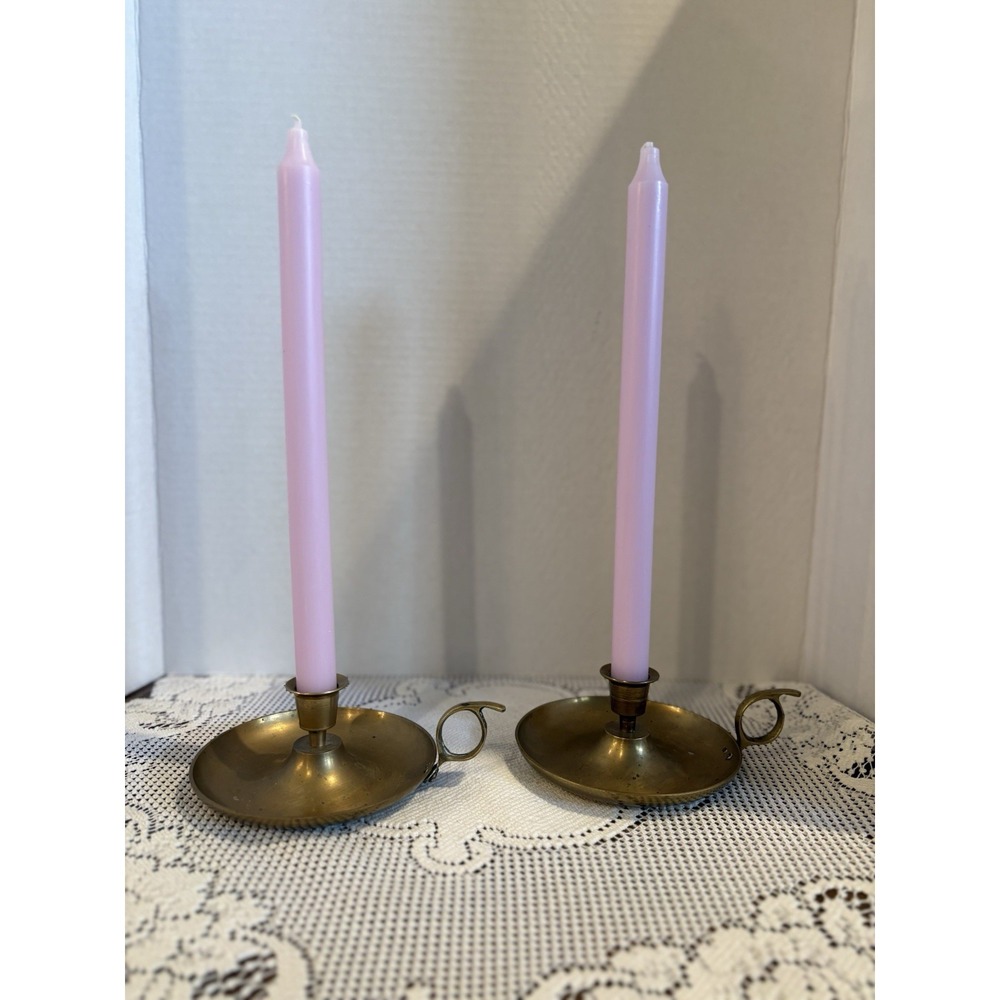 Pair of Brass Chamberstick Candle Holders, Round Brushed Finish, 2.5" Tall